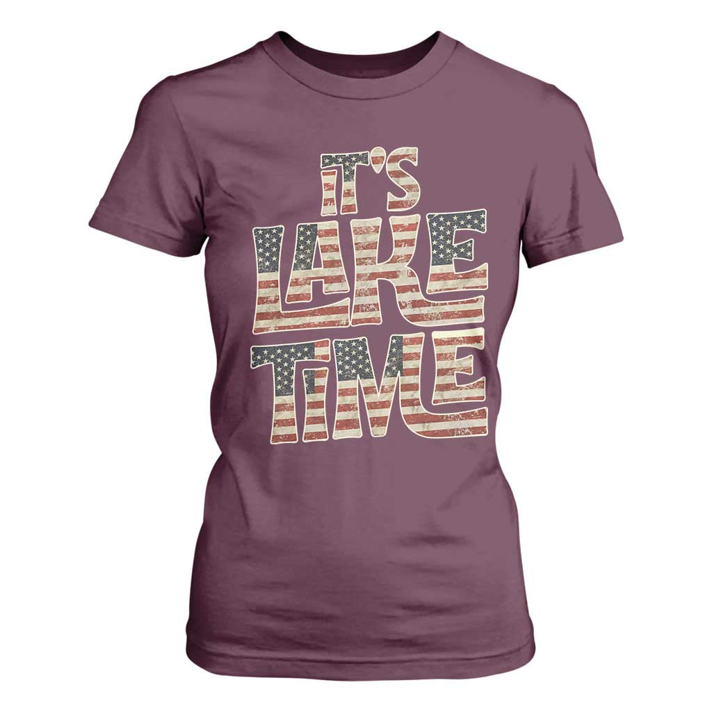 Funny It's Lake Time T Shirt For Women Patriotic Boater American Flag USA 4th of July TS11 Maroon Print Your Wear