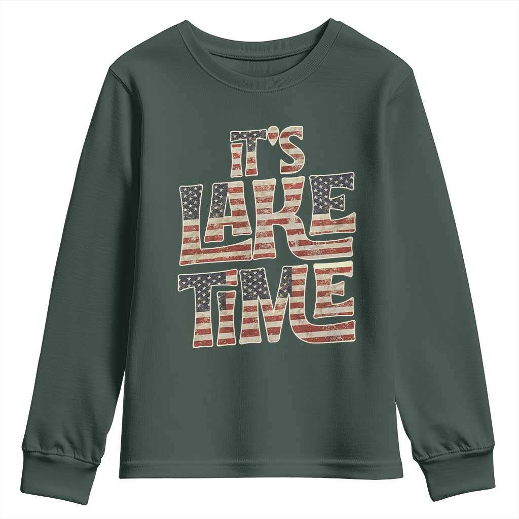 Funny It's Lake Time Youth Sweatshirt Patriotic Boater American Flag USA 4th of July TS11 Dark Forest Green Print Your Wear