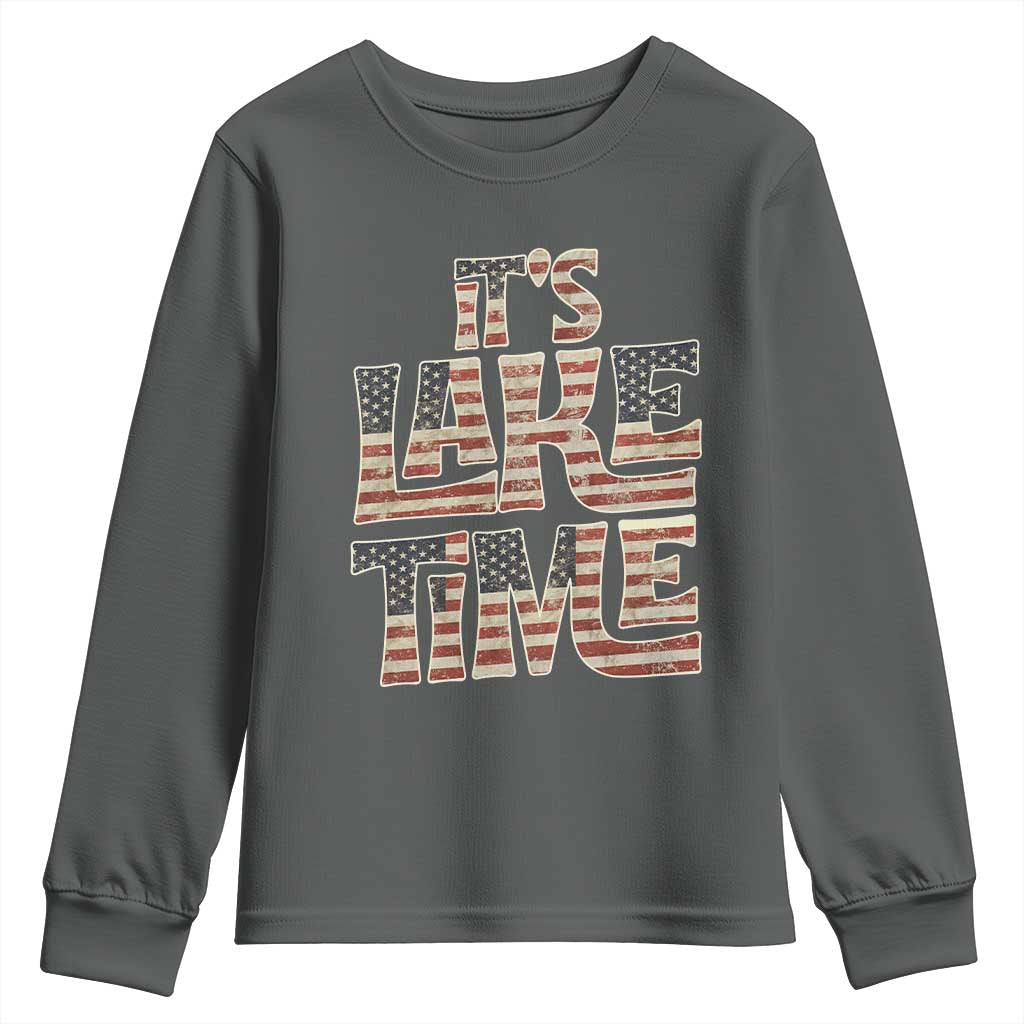 Funny It's Lake Time Youth Sweatshirt Patriotic Boater American Flag USA 4th of July TS11 Dark Heather Print Your Wear