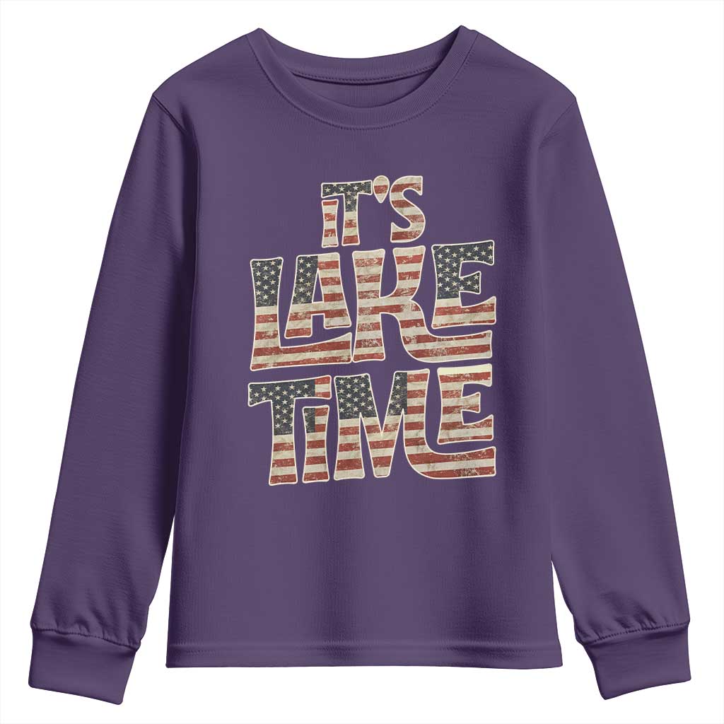 Funny It's Lake Time Youth Sweatshirt Patriotic Boater American Flag USA 4th of July TS11 Purple Print Your Wear