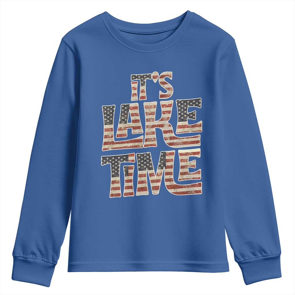 Funny It's Lake Time Youth Sweatshirt Patriotic Boater American Flag USA 4th of July TS11 Royal Blue Print Your Wear