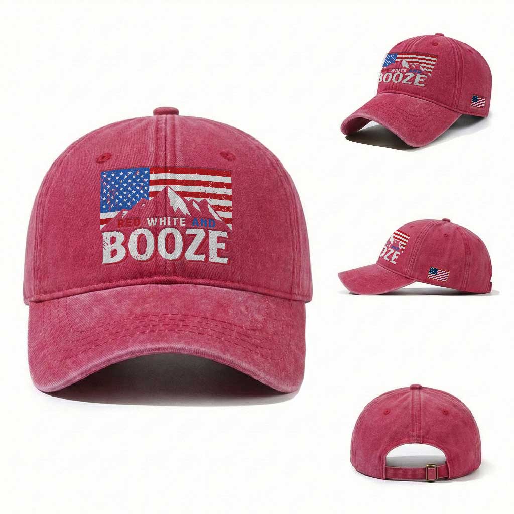 Funny Red White And Booze Washed Cotton Baseball Cap 4th Of July Beer American Flag TS11 Washed Cap Universal Fit Red Print Your Wear