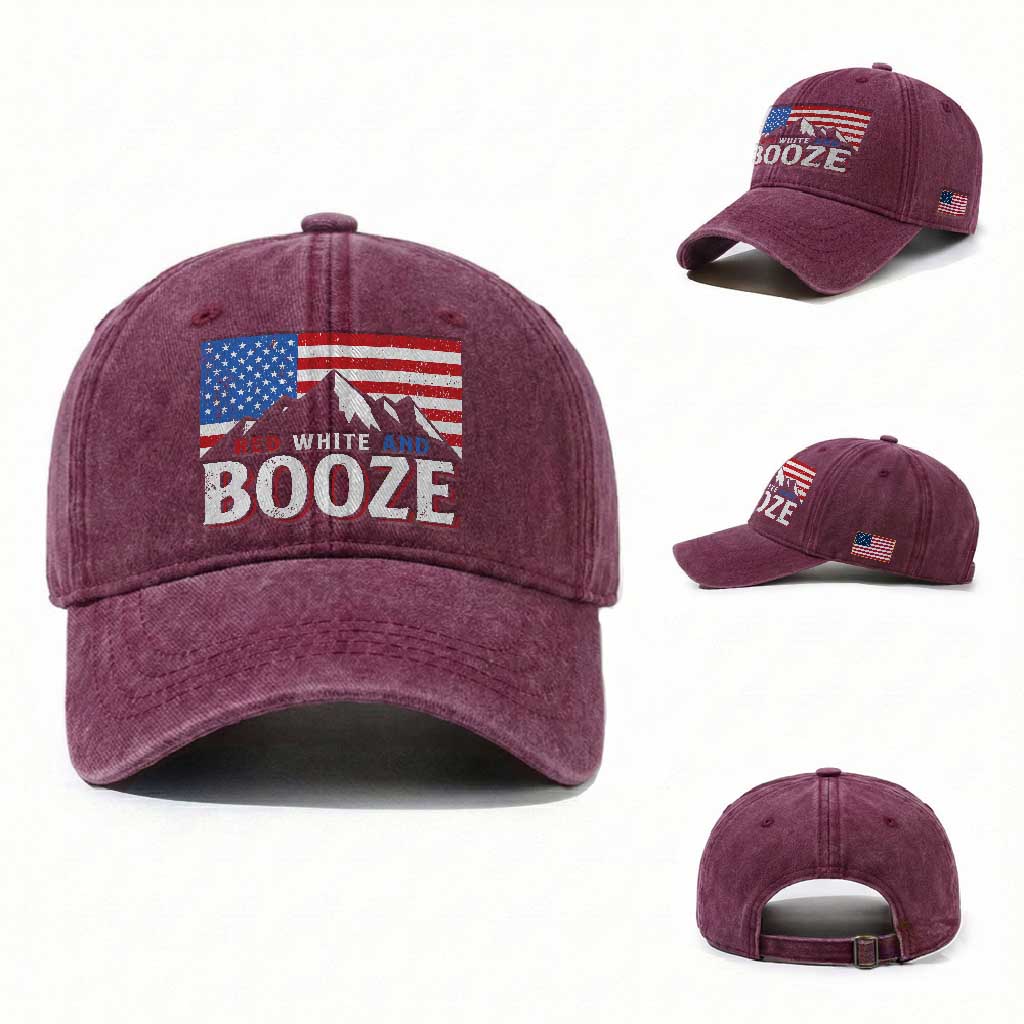 Funny Red White And Booze Washed Cotton Baseball Cap 4th Of July Beer American Flag TS11 Washed Cap Universal Fit Burgundy Print Your Wear