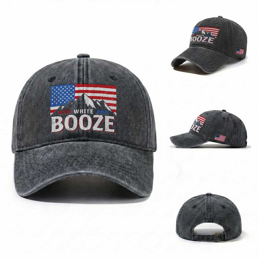 Funny Red White And Booze Washed Cotton Baseball Cap 4th Of July Beer American Flag TS11 Washed Cap Universal Fit Dark Gray Print Your Wear