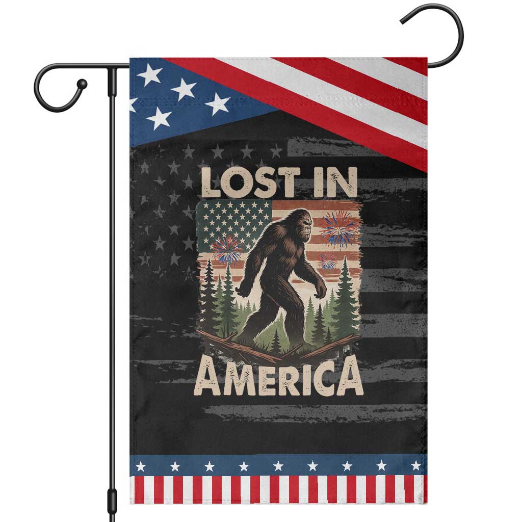 Funny 4th Of July Bigfoot Lost In America Garden Flag Patriotic Sasquatch US Flag Fireworks TS11 Distressed Black Blue Print Your Wear