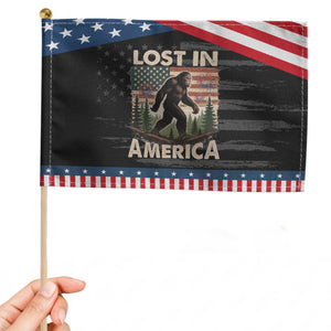 Funny 4th Of July Bigfoot Lost In America Patriotic Handheld Flag Sasquatch US Flag Fireworks TS11 Distressed 8.2" × 5.5" Black Blue Print Your Wear