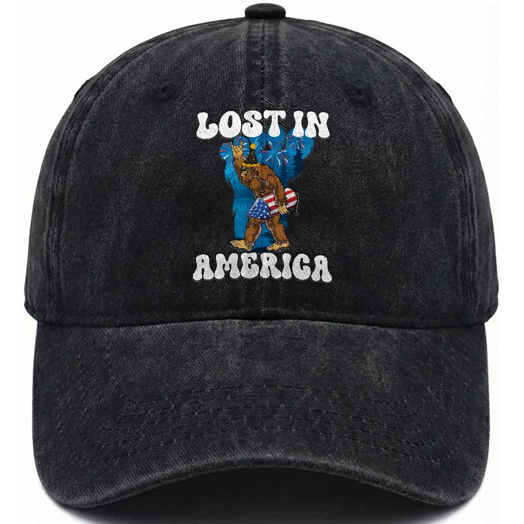 Funny 4th Of July Bigfoot Lost In America Washed Cotton Baseball Cap Patriotic Sasquatch Rocket Footprint Fireworks TS11 Washed Cap Universal Fit Black Print Your Wear