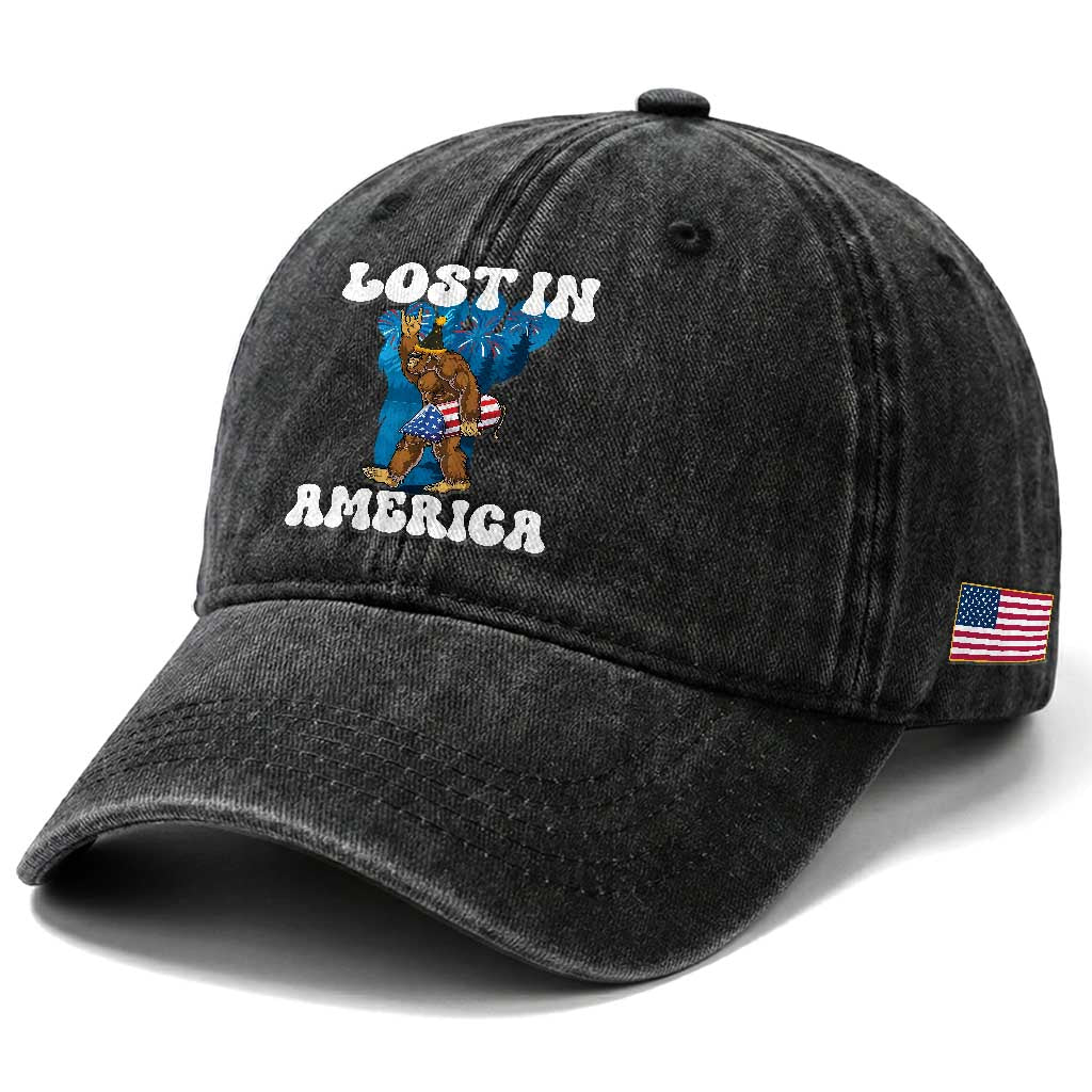 Funny 4th Of July Bigfoot Lost In America Washed Cotton Baseball Cap Patriotic Sasquatch Rocket Footprint Fireworks TS11 Print Your Wear
