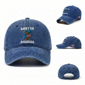Funny 4th Of July Bigfoot Lost In America Washed Cotton Baseball Cap Patriotic Sasquatch Rocket Footprint Fireworks TS11 Washed Cap Universal Fit Royal Blue Print Your Wear