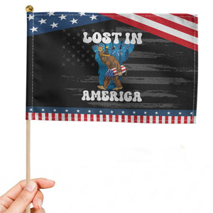 Funny 4th Of July Bigfoot Lost In America Patriotic Handheld Flag Sasquatch Rocket Footprint Fireworks TS11 Distressed 8.2" × 5.5" Black Blue Print Your Wear