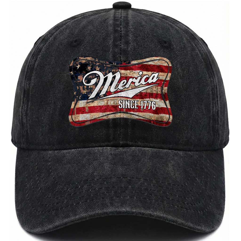 Funny Merica Since 1776 Washed Cotton Baseball Cap 4th of July Beer Lover American Flag TS11 Washed Cap Universal Fit Black Print Your Wear