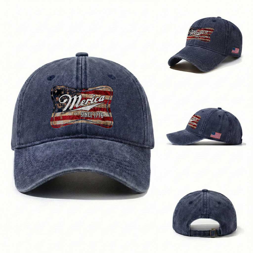 Funny Merica Since 1776 Washed Cotton Baseball Cap 4th of July Beer Lover American Flag TS11 Washed Cap Universal Fit Navy Print Your Wear