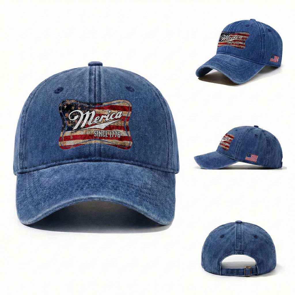 Funny Merica Since 1776 Washed Cotton Baseball Cap 4th of July Beer Lover American Flag TS11 Washed Cap Universal Fit Royal Blue Print Your Wear