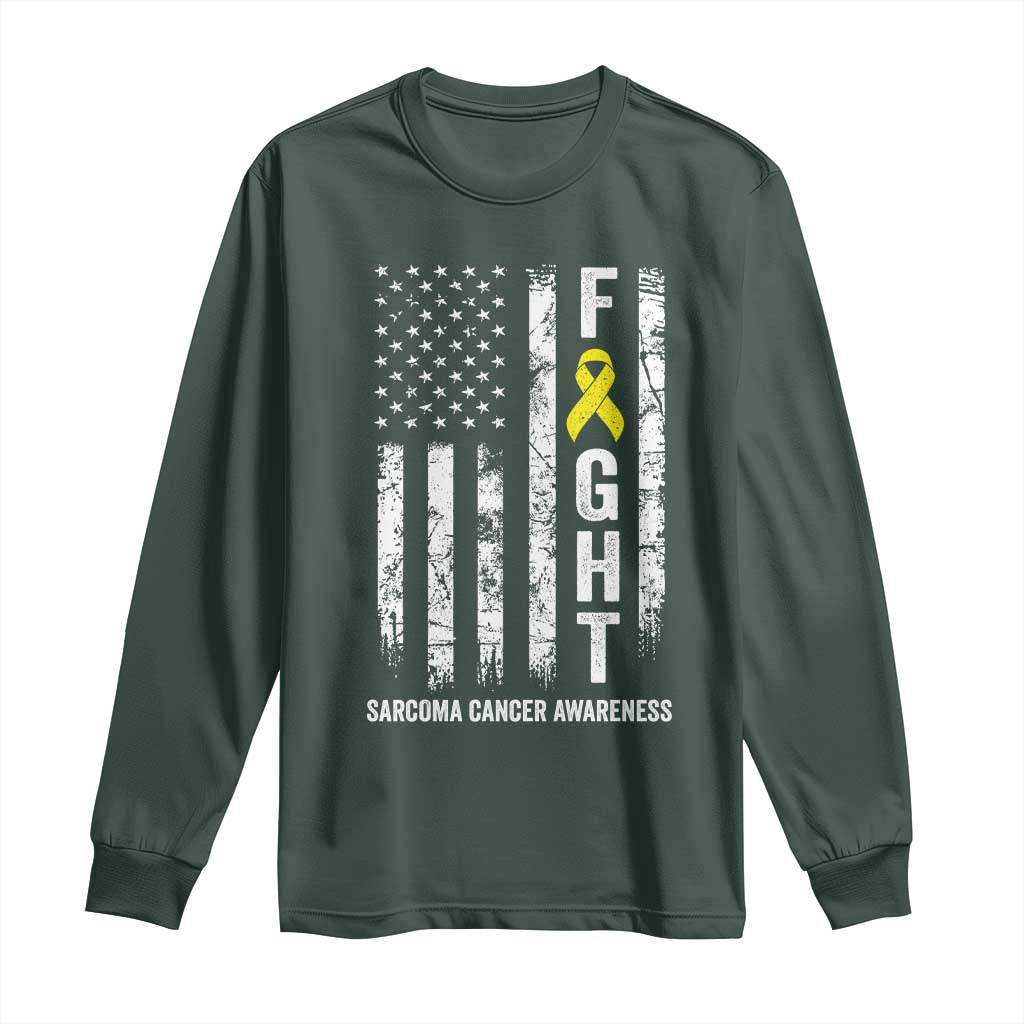 Fight Sarcoma Cancer Awareness Long Sleeve Shirt Yellow Ribbon Vintage American Flag TS11 Dark Forest Green Print Your Wear