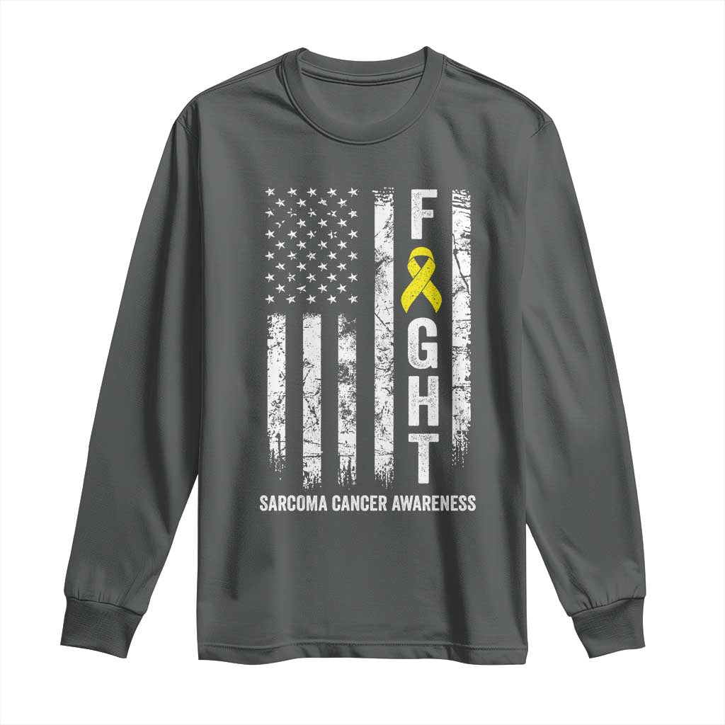 Fight Sarcoma Cancer Awareness Long Sleeve Shirt Yellow Ribbon Vintage American Flag TS11 Dark Heather Print Your Wear