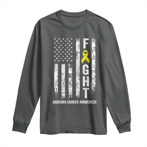 Fight Sarcoma Cancer Awareness Long Sleeve Shirt Yellow Ribbon Vintage American Flag TS11 Dark Heather Print Your Wear