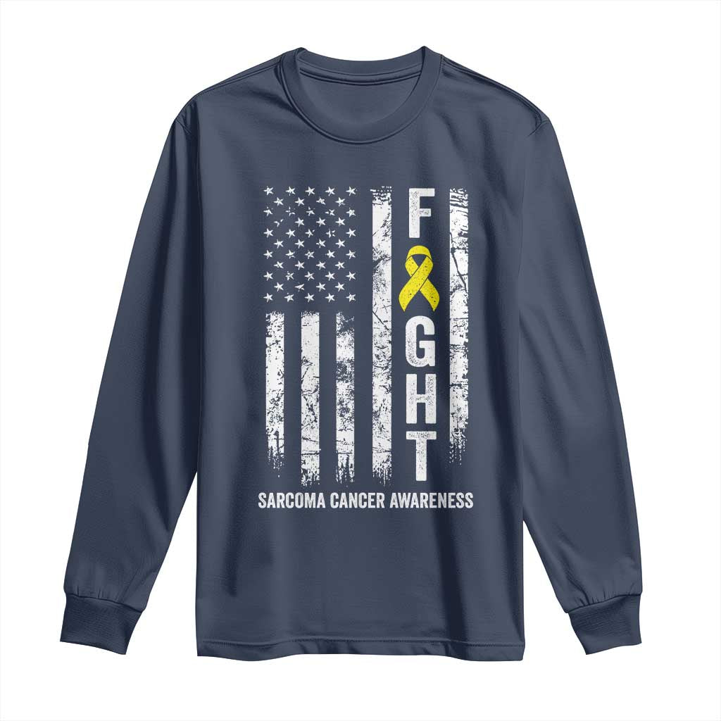 Fight Sarcoma Cancer Awareness Long Sleeve Shirt Yellow Ribbon Vintage American Flag TS11 Navy Print Your Wear