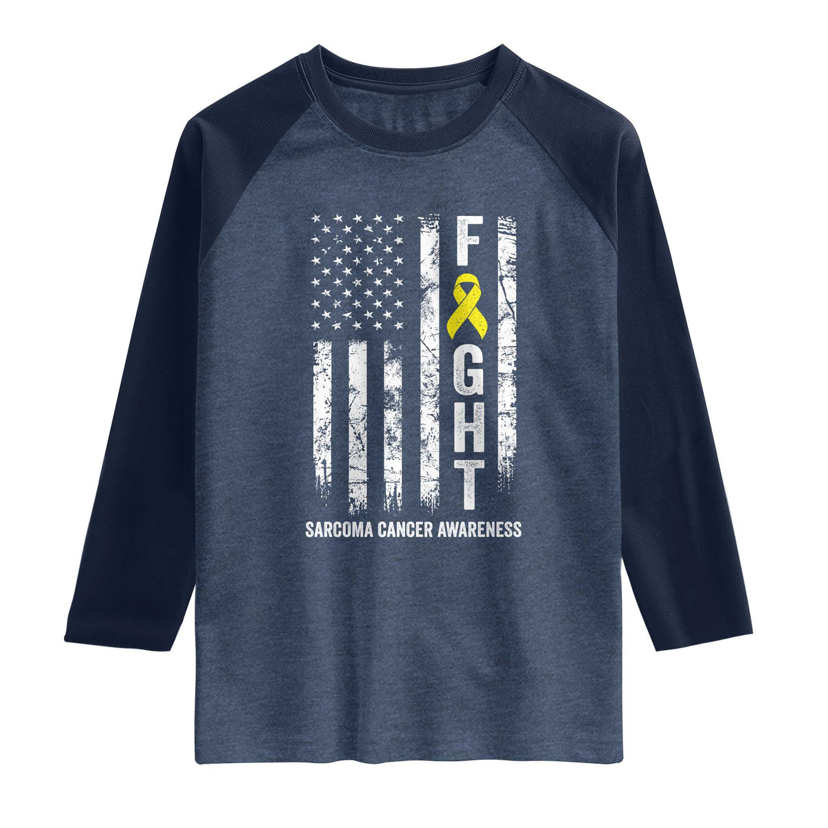 Fight Sarcoma Cancer Awareness Raglan Shirt Yellow Ribbon Vintage American Flag TS11 Heather Denim Navy Print Your Wear