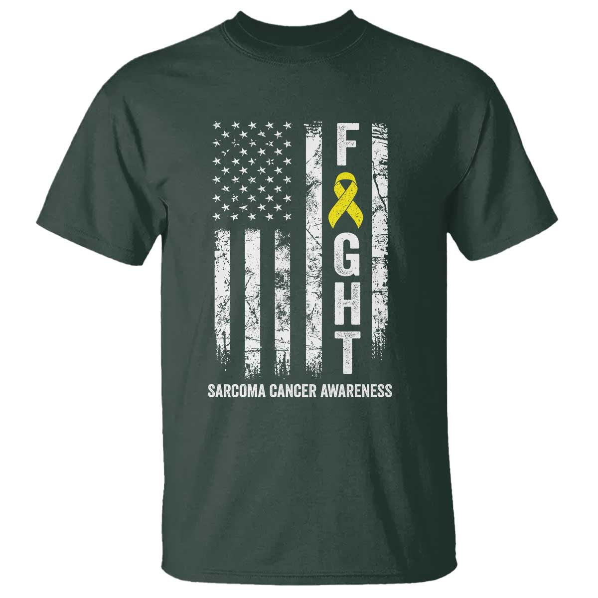 Fight Sarcoma Cancer Awareness T Shirt Yellow Ribbon Vintage American Flag TS11 Dark Forest Green Print Your Wear