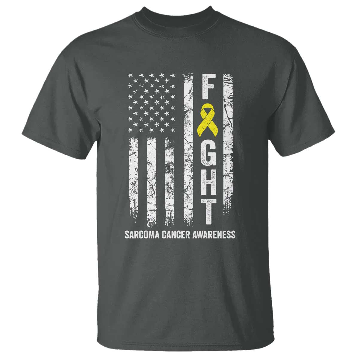 Fight Sarcoma Cancer Awareness T Shirt Yellow Ribbon Vintage American Flag TS11 Dark Heather Print Your Wear