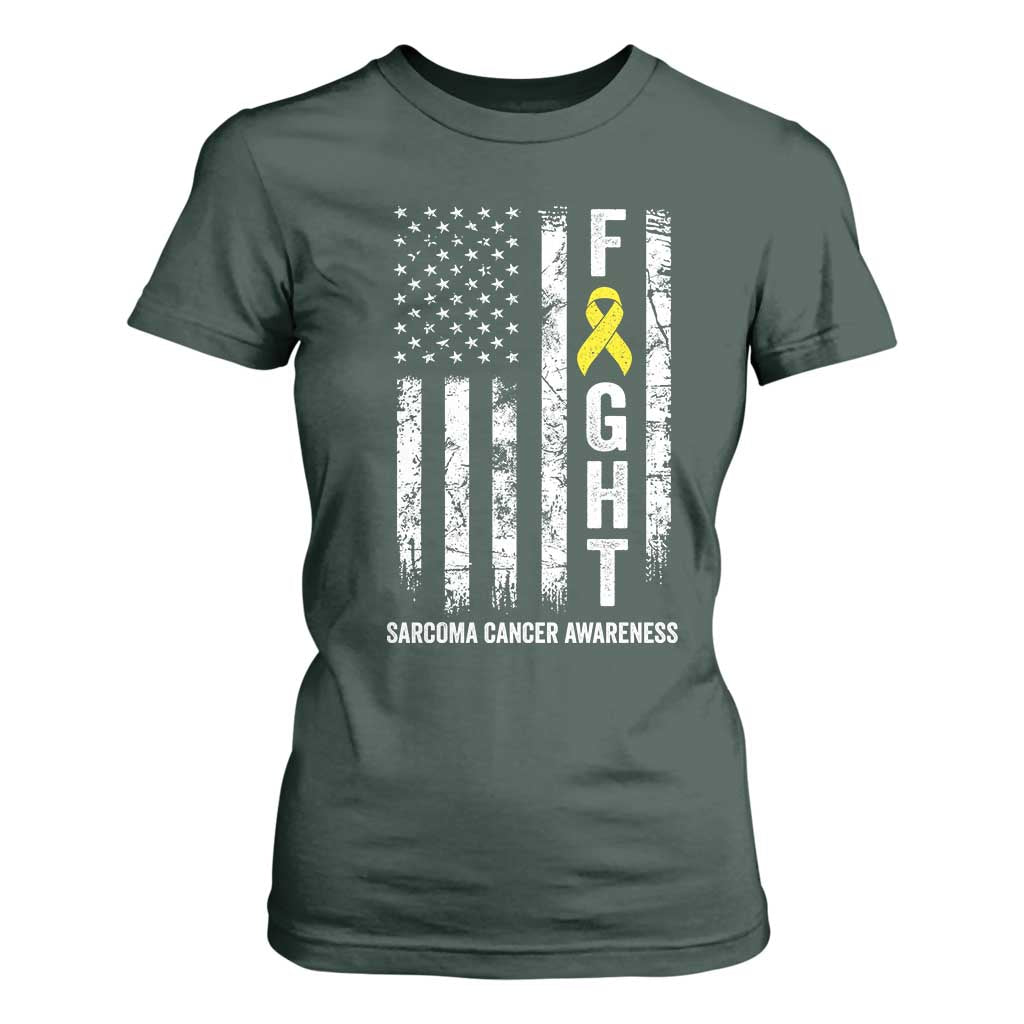 Fight Sarcoma Cancer Awareness T Shirt For Women Yellow Ribbon Vintage American Flag TS11 Dark Forest Green Print Your Wear