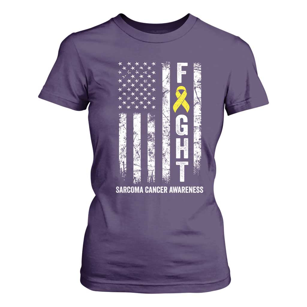 Fight Sarcoma Cancer Awareness T Shirt For Women Yellow Ribbon Vintage American Flag TS11 Purple Print Your Wear