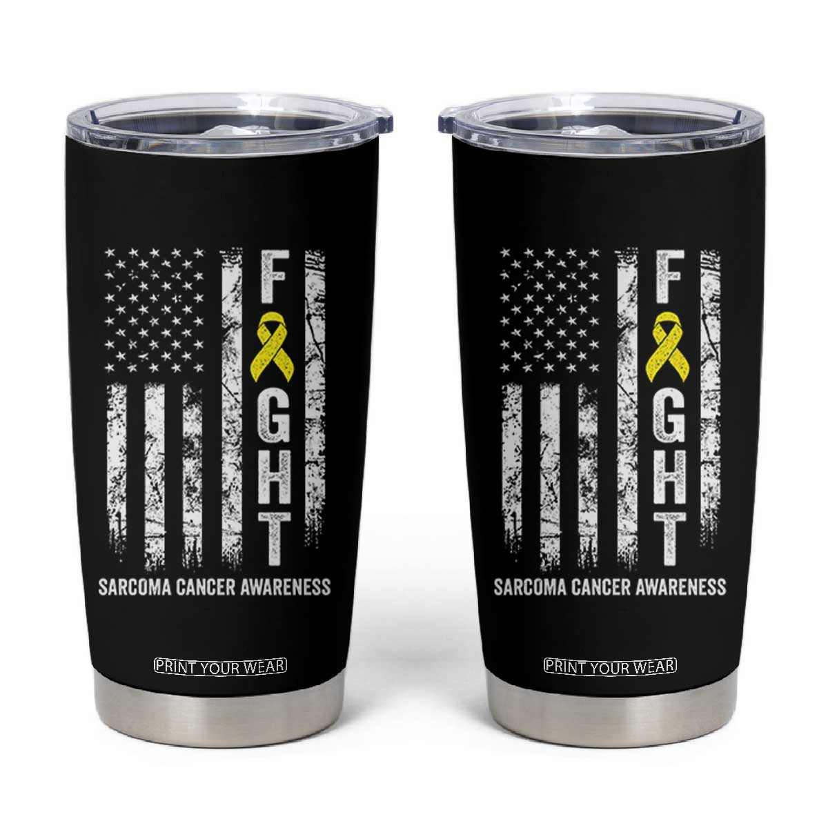 Fight Sarcoma Cancer Awareness Tumbler Cup Yellow Ribbon Vintage American Flag TS11 Black Print Your Wear