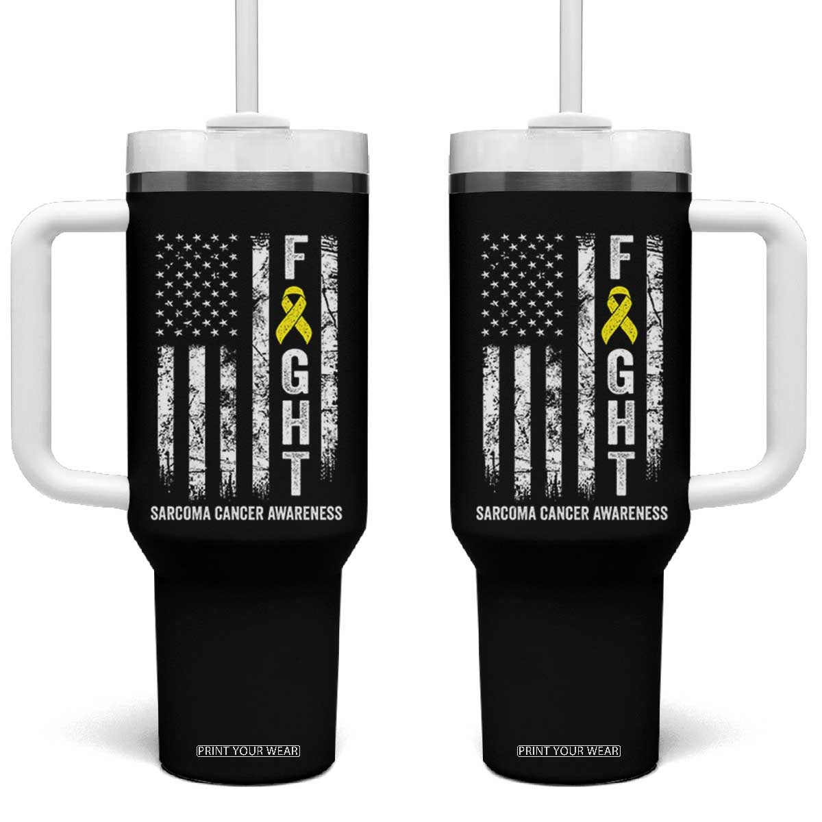 Fight Sarcoma Cancer Awareness Tumbler With Handle Yellow Ribbon Vintage American Flag TS11 One Size: 40 oz Black Print Your Wear