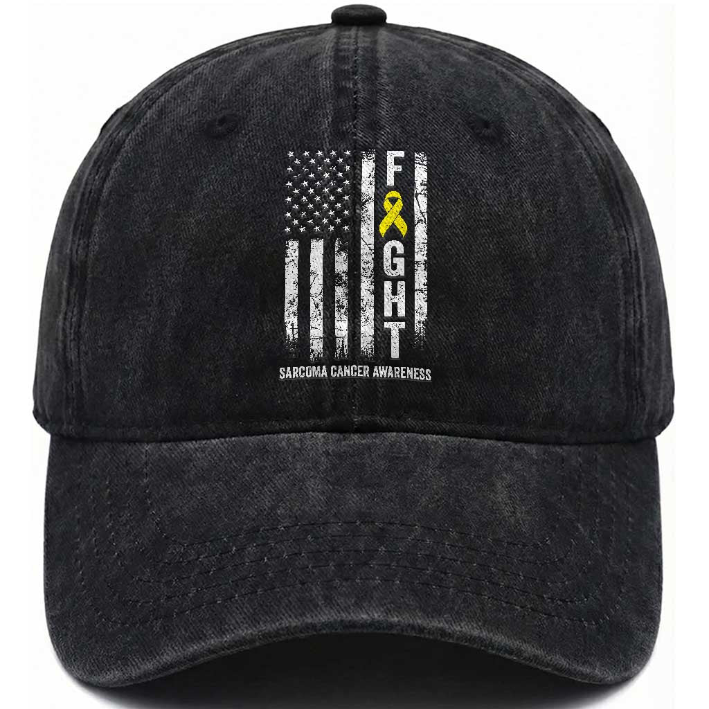 Fight Sarcoma Cancer Awareness Washed Cotton Baseball Cap Yellow Ribbon Vintage American Flag TS11 Print Your Wear