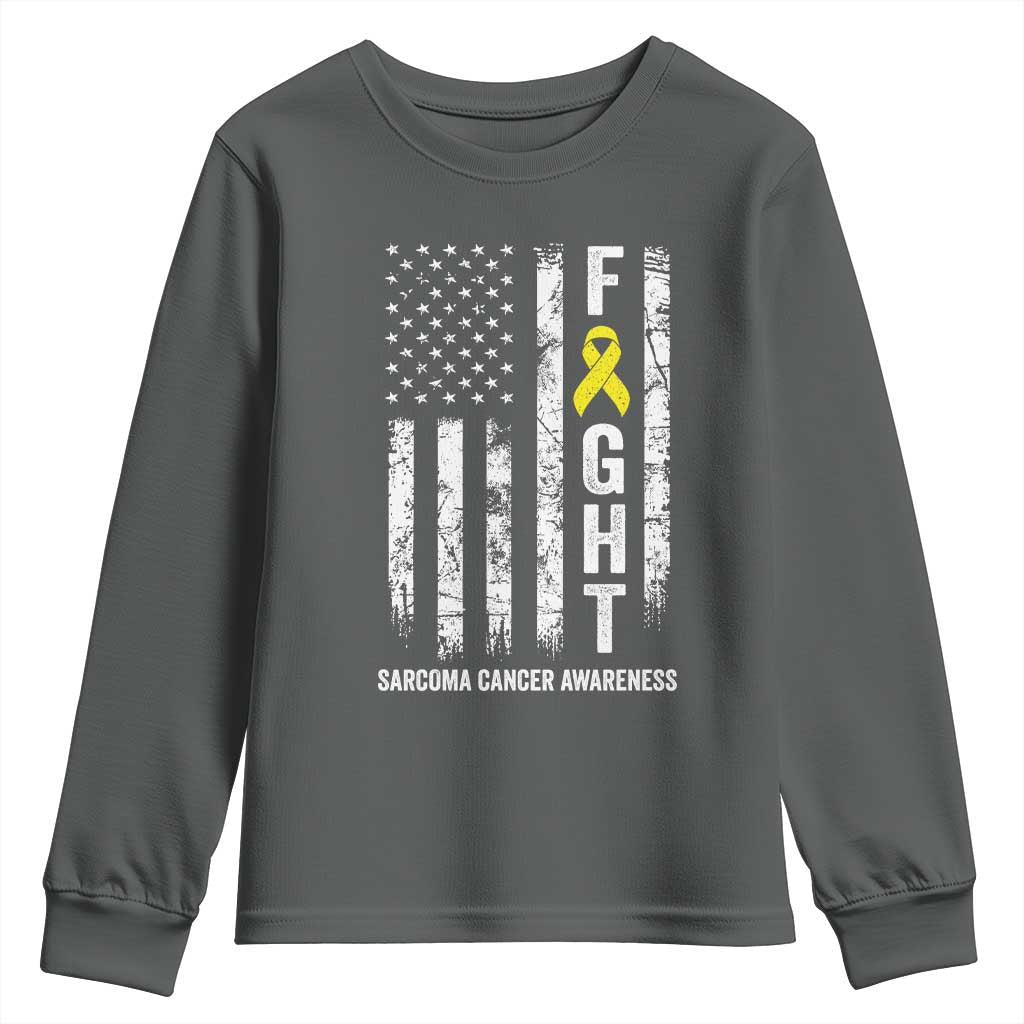 Fight Sarcoma Cancer Awareness Youth Sweatshirt Yellow Ribbon Vintage American Flag TS11 Dark Heather Print Your Wear