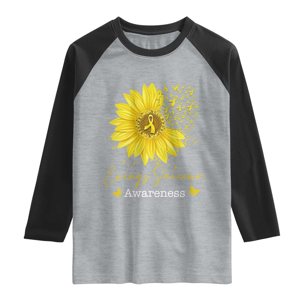 Ewings Sarcoma Awareness Raglan Shirt Yellow Flower Petal Ribbons Sunflower TS11 Heather Gray Black Print Your Wear