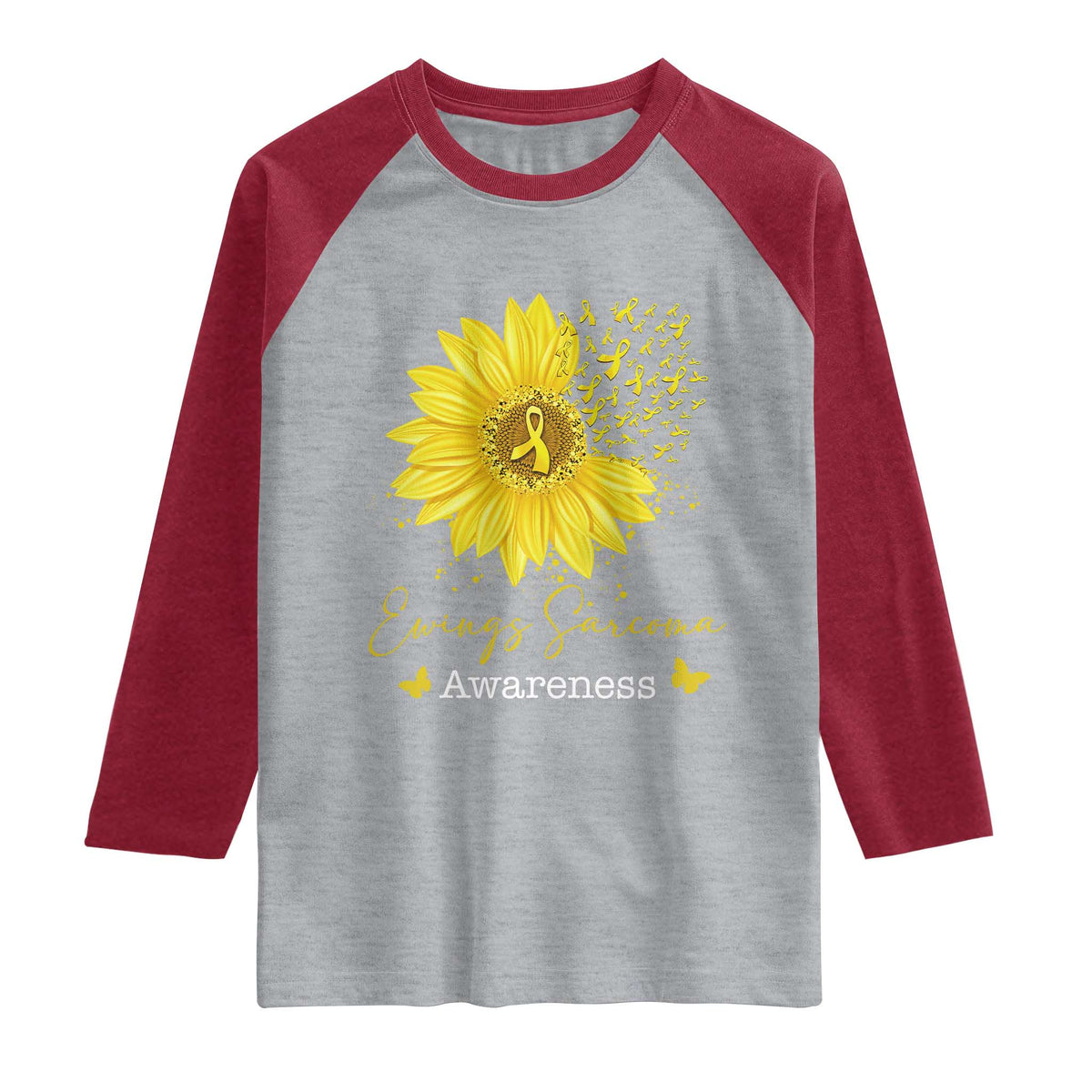Ewings Sarcoma Awareness Raglan Shirt Yellow Flower Petal Ribbons Sunflower TS11 Heather Gray Heather Red Print Your Wear