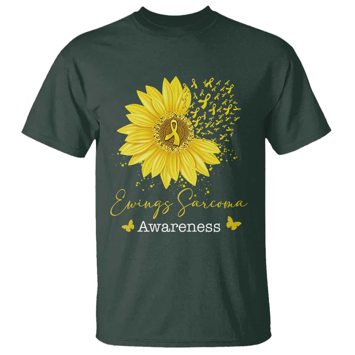 Ewings Sarcoma Awareness T Shirt Yellow Flower Petal Ribbons Sunflower TS11 Dark Forest Green Print Your Wear