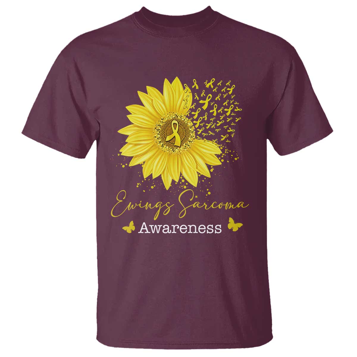 Ewings Sarcoma Awareness T Shirt Yellow Flower Petal Ribbons Sunflower TS11 Maroon Print Your Wear