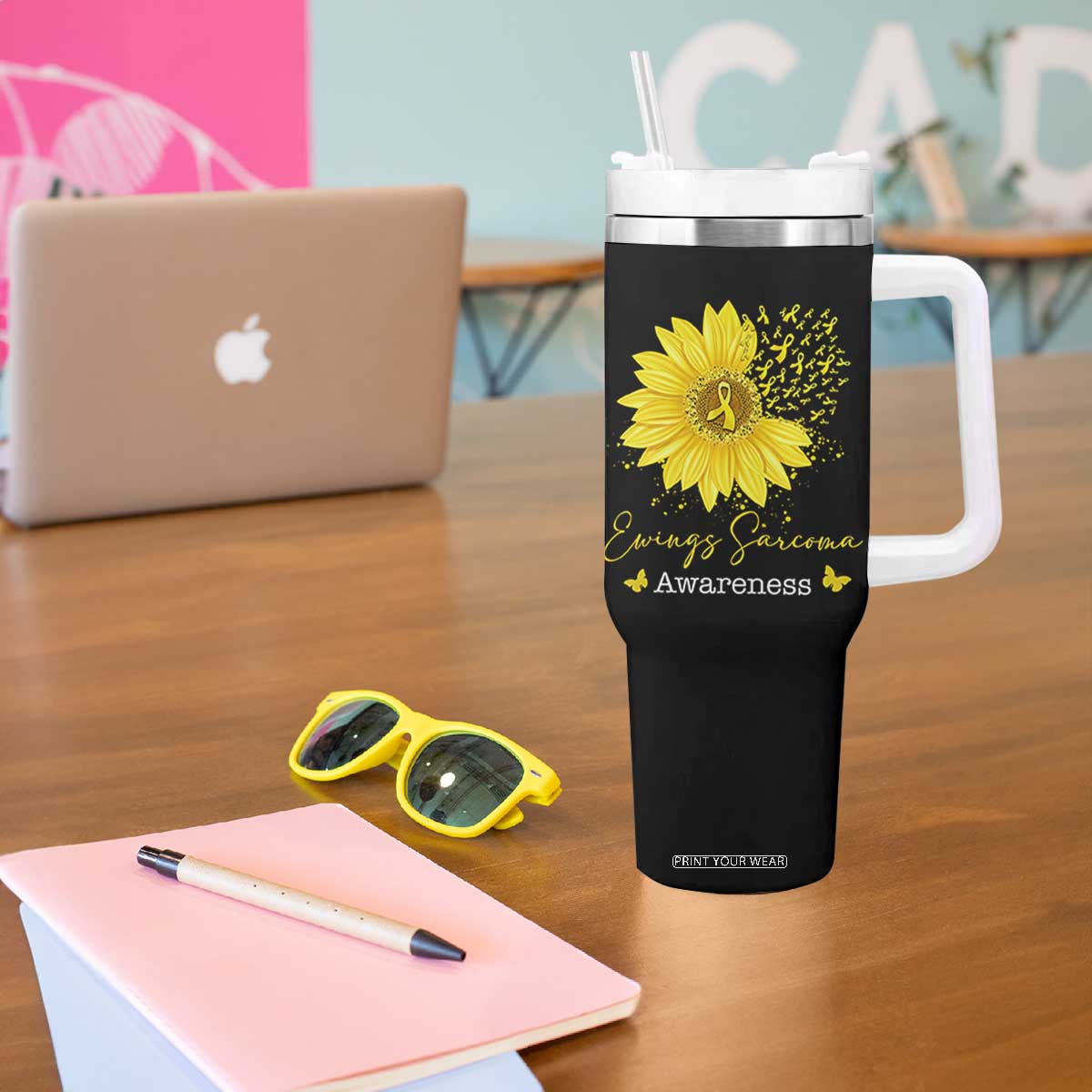 Ewings Sarcoma Awareness Tumbler With Handle Yellow Flower Petal Ribbons Sunflower TS11 Print Your Wear