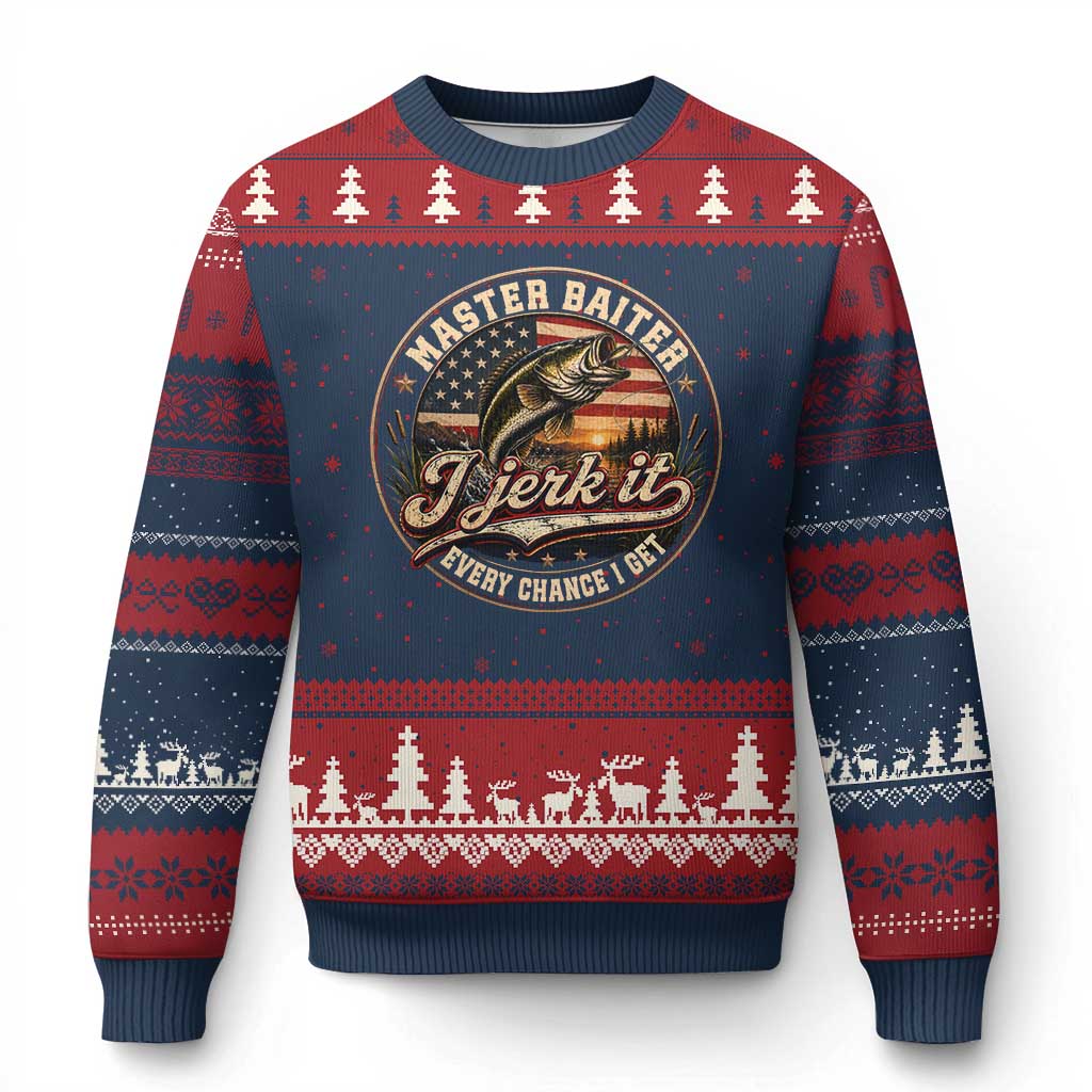 Master Baiter Fishing Lover Ugly Christmas Sweater I Jerk It Every Chance I Get Funny Bass Fishing TS11 Navy Red Print Your Wear