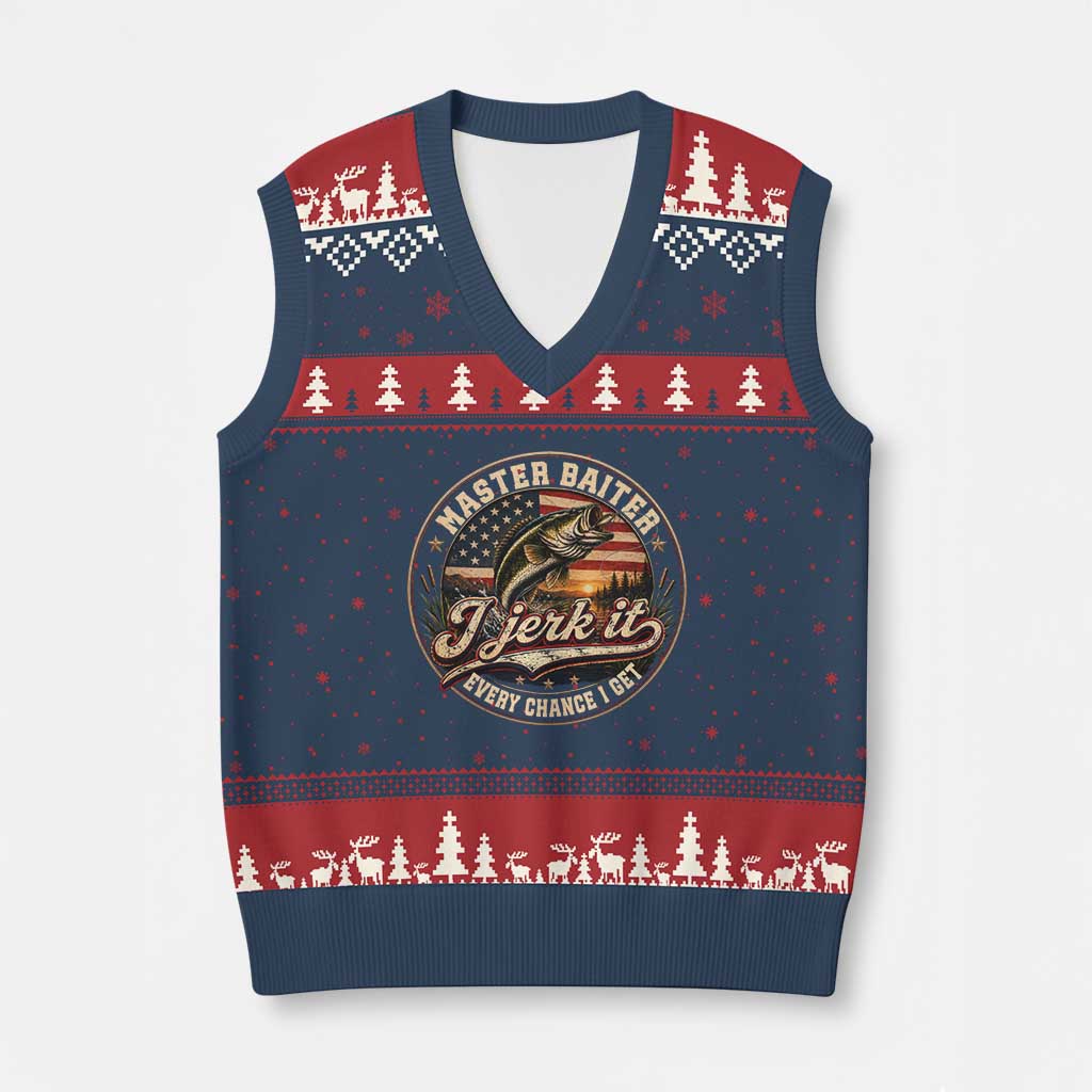 Master Baiter Fishing Lover V-Neck Knit Sweater Vest I Jerk It Every Chance I Get Funny Bass Fishing TS11 Navy Red Print Your Wear