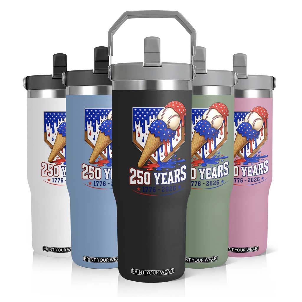 250 Years Baseball Ice Cream Drip 4th of July USA Flag Flip Straw Tumbler