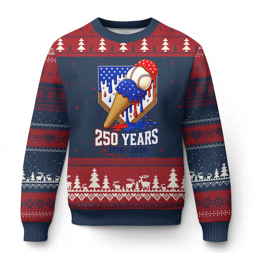 250 Years Baseball Ice Cream Drip 4th of July USA Flag Ugly Christmas Sweater TS11 Navy Red Print Your Wear