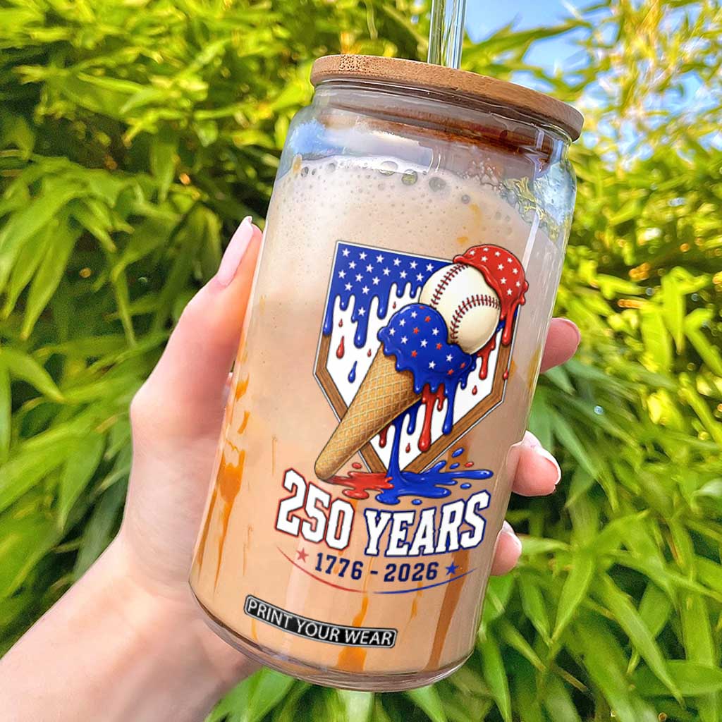 250 Years Baseball Ice Cream Drip 4th of July USA Flag Glass Can