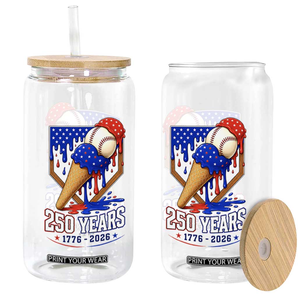 250 Years Baseball Ice Cream Drip 4th of July USA Flag Glass Can