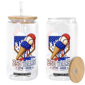 250 Years Baseball Ice Cream Drip 4th of July USA Flag Glass Can