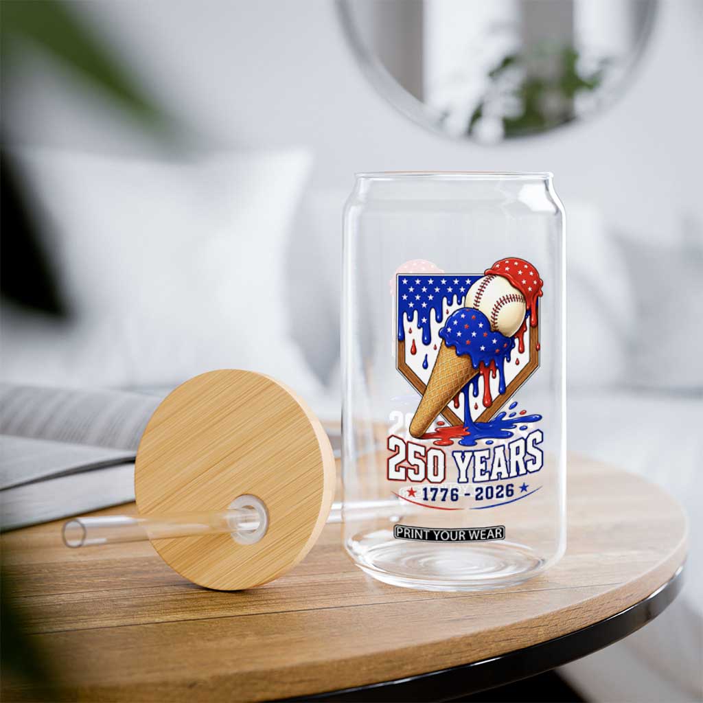 250 Years Baseball Ice Cream Drip 4th of July USA Flag Glass Can