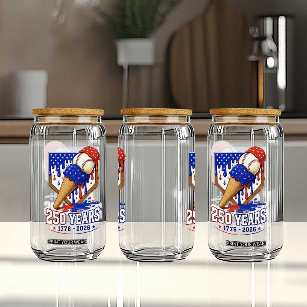 250 Years Baseball Ice Cream Drip 4th of July USA Flag Glass Can