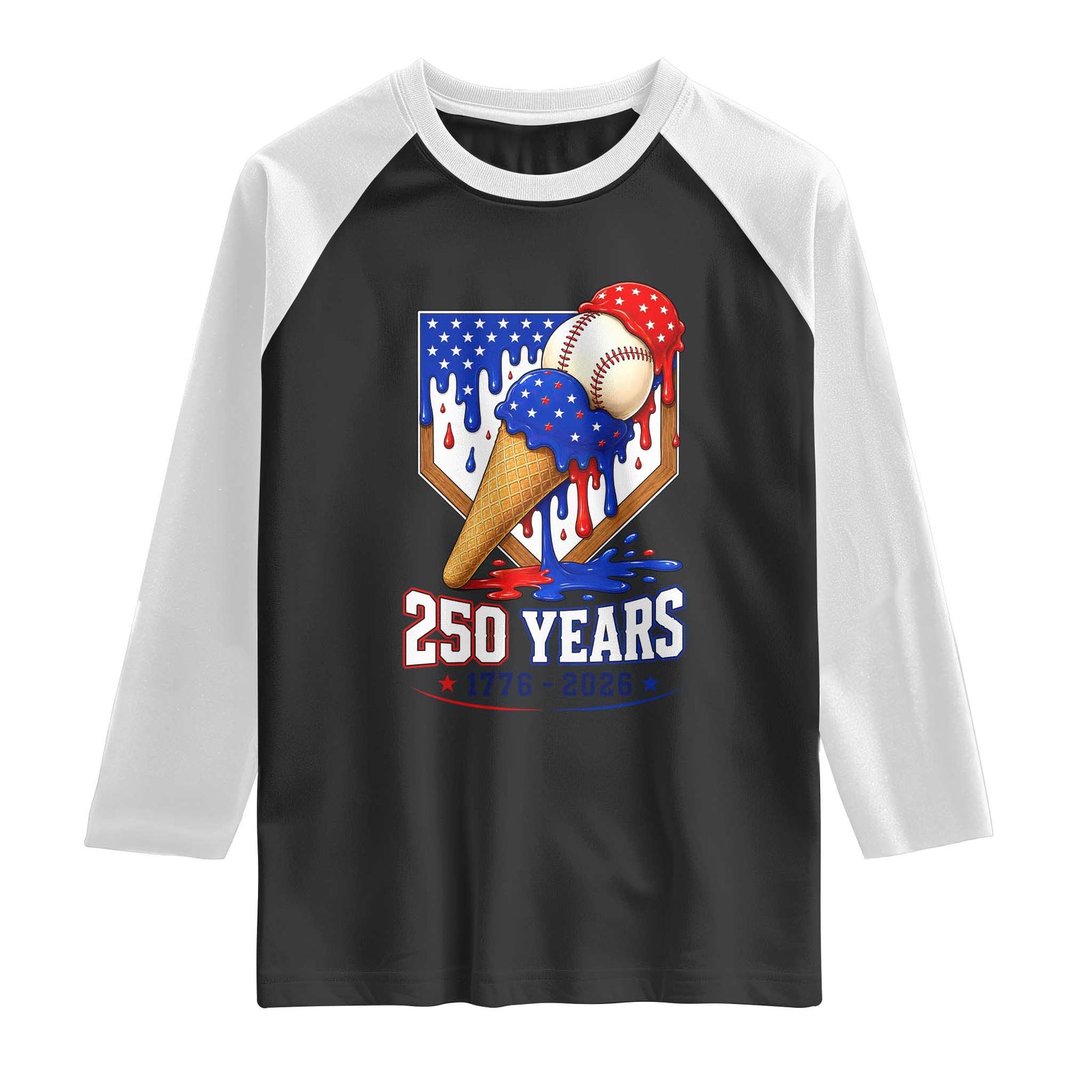 250 Years Baseball Ice Cream Drip 4th of July USA Flag Raglan Shirt TS11 Black White Print Your Wear