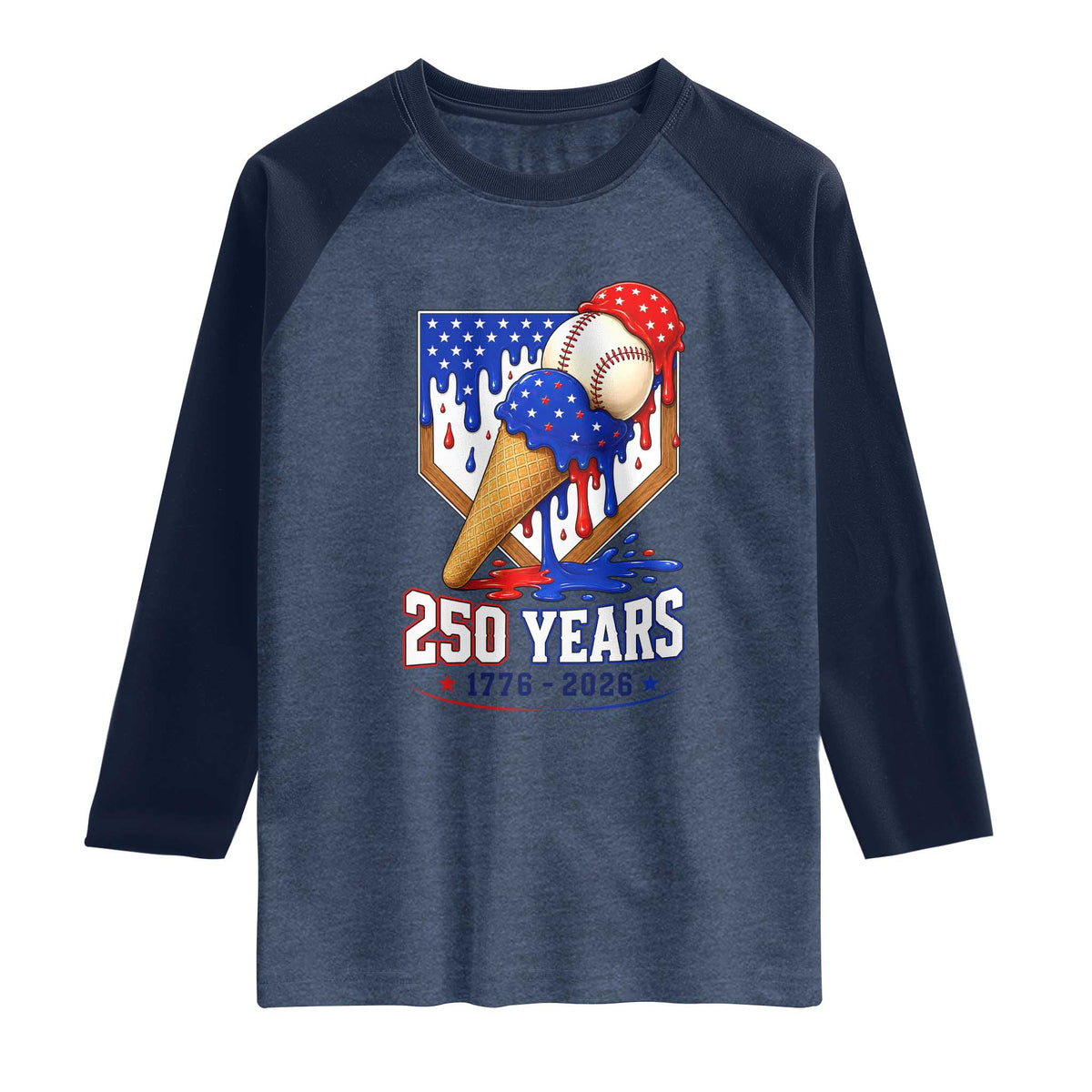 250 Years Baseball Ice Cream Drip 4th of July USA Flag Raglan Shirt