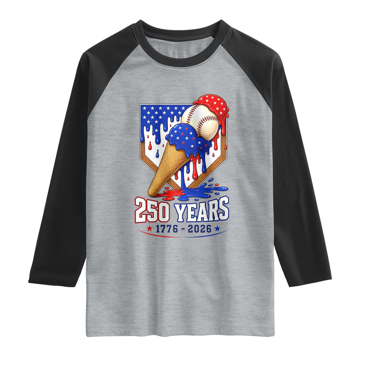 250 Years Baseball Ice Cream Drip 4th of July USA Flag Raglan Shirt