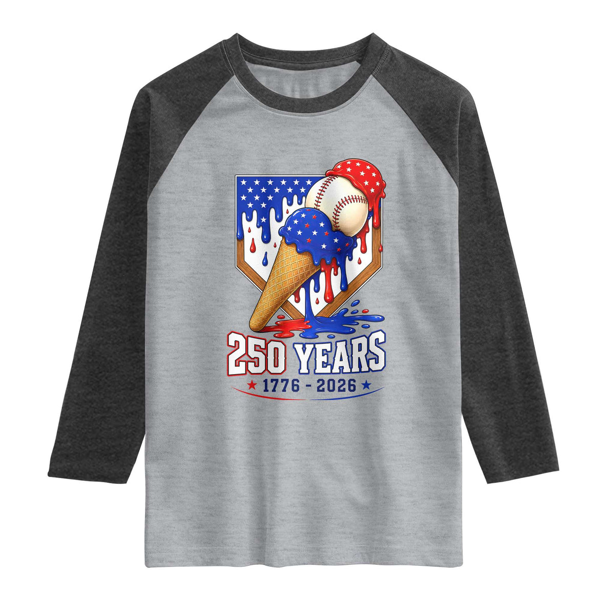 250 Years Baseball Ice Cream Drip 4th of July USA Flag Raglan Shirt