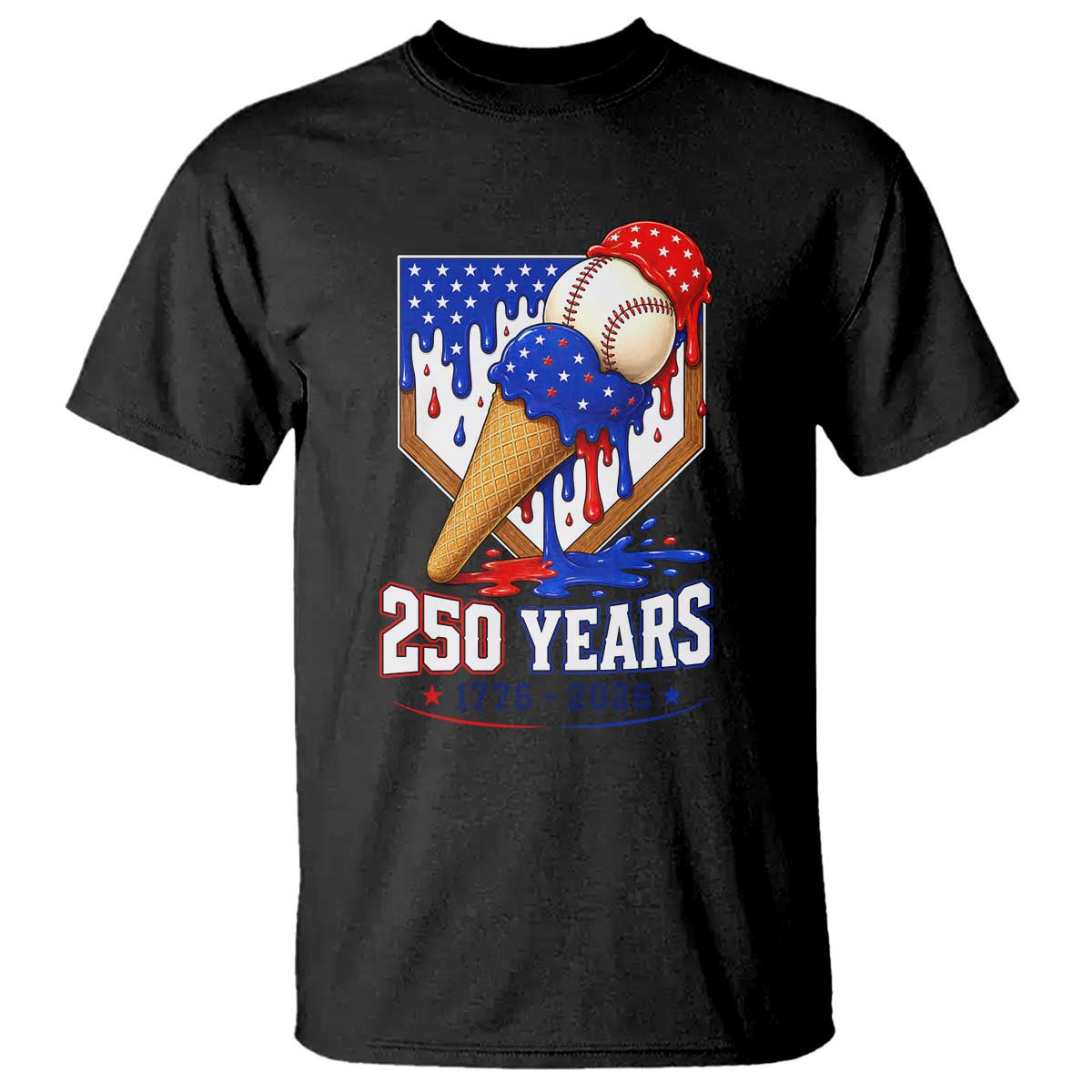 250 Years Baseball Ice Cream Drip 4th of July USA Flag T Shirt