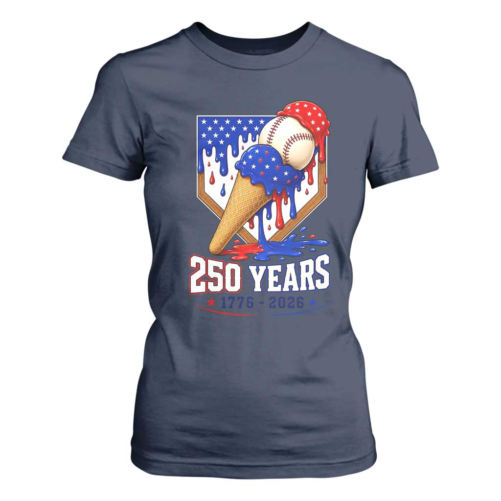 250 Years Baseball Ice Cream Drip 4th of July USA Flag T Shirt For Women